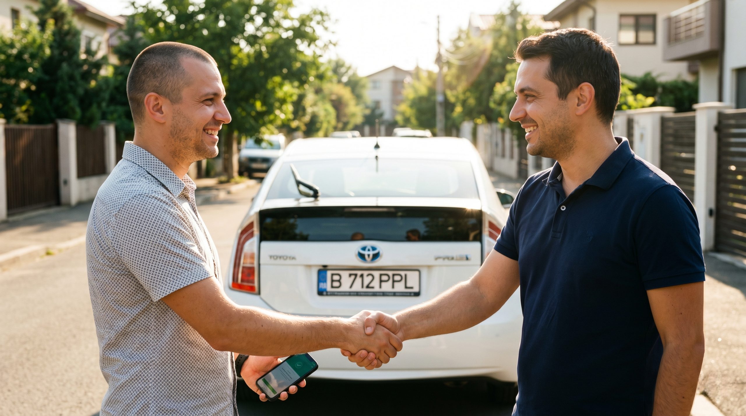 Doi bărbați își strâng mâna în fața unei Toyota Prius albă din 2012 pentru a finaliza o vânzare privată. Unul dintre bărbați ține un smartphone. Scenă însorită și pozitivă.