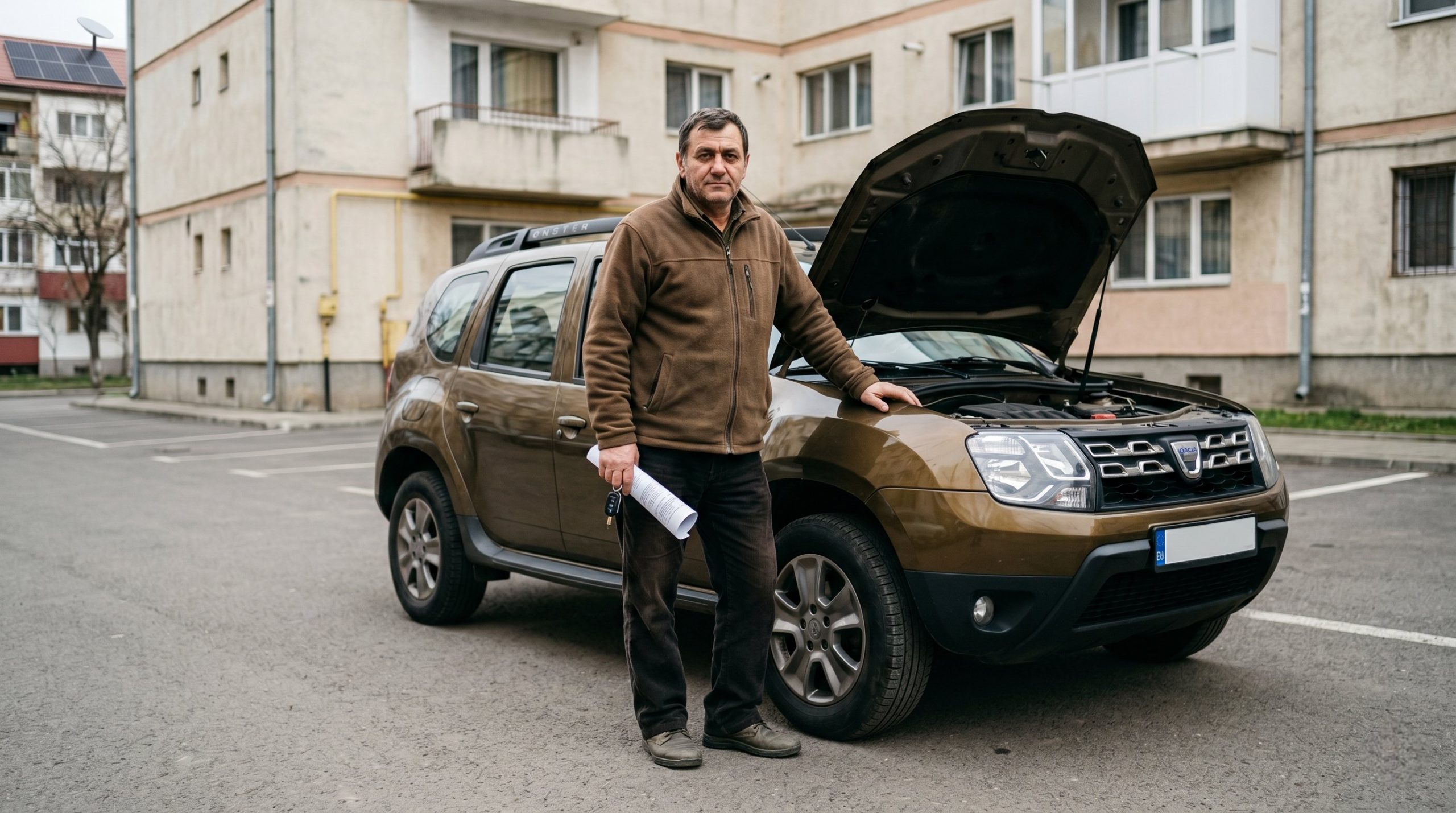 Un bărbat din România stând lângă o mașină second-hand Dacia Duster cu capota deschisă, într-o parcare curată de bloc, pregătit pentru procesul de vânzare auto.