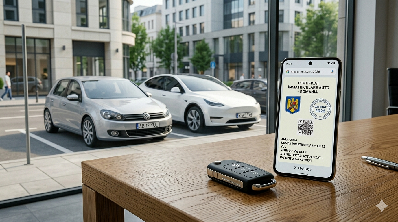 O imagine complexă, din interiorul unui birou modern, cu vedere spre stradă. În prim-plan, pe un birou de lemn, se află o cheie de mașină tip breloc și un smartphone cu ecranul activ. Telefonul afișează un Certificat Digital de Înmatriculare Auto din România, cu sigla corespunzătoare, un cod QR și textul 'VALIDAT 2026'. Documentul specifică detalii despre vehiculul înmatriculat: un 'VW GOLF' argintiu cu numărul 'AB 12 YUL', indicând un 'STATUS FISCAL: ACTUALIZAT - IMPOZIT 2026 ACHITAT'. În fundal, prin fereastra mare a biroului, se văd parcate pe stradă mașinile corespunzătoare: un Volkswagen Golf argintiu (MK6) cu numărul 'AB 12 YUL' și o Tesla Model Y albă, într-un mediu urban contemporan cu clădiri moderne.